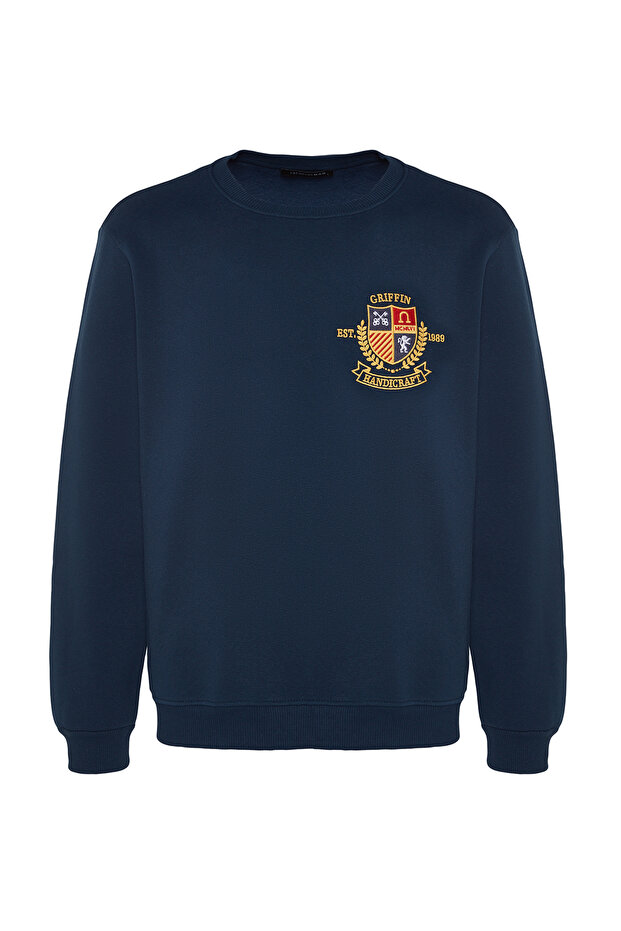 Indigo Regular/Normal Kesim Arma Nakışlı İçi Polar/Sıcak Tutan Sweatshirt TMNAW24SW00127 - 6