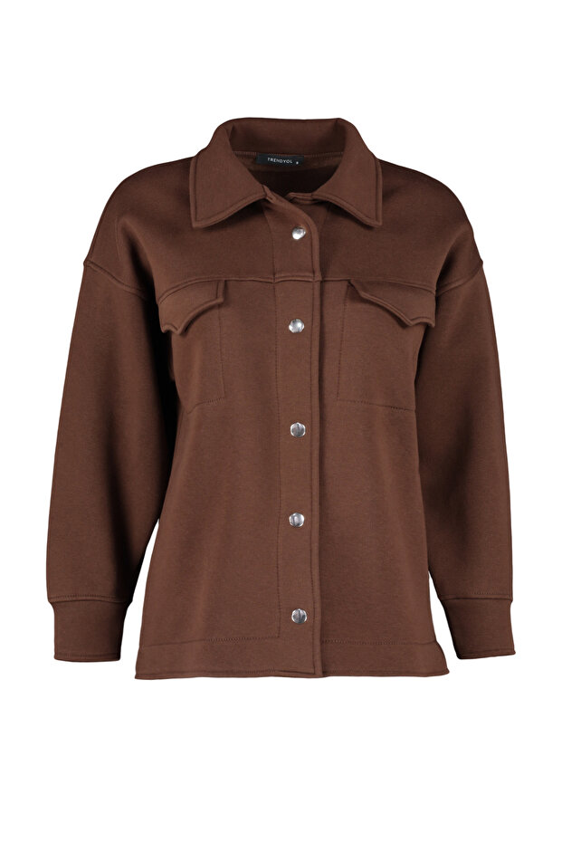 Kahverengi Oversize/Geniş Kalıp Cepli ve Düğmeli Polo Yaka İçi Polarlı Örme Ceket TWOAW24CE00000 - 6