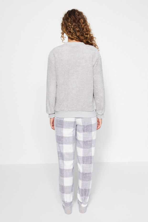 Gri Wellsoft Lama Desenli Kışlık Örme Pijama Takımı THMAW24PT00029 - 8