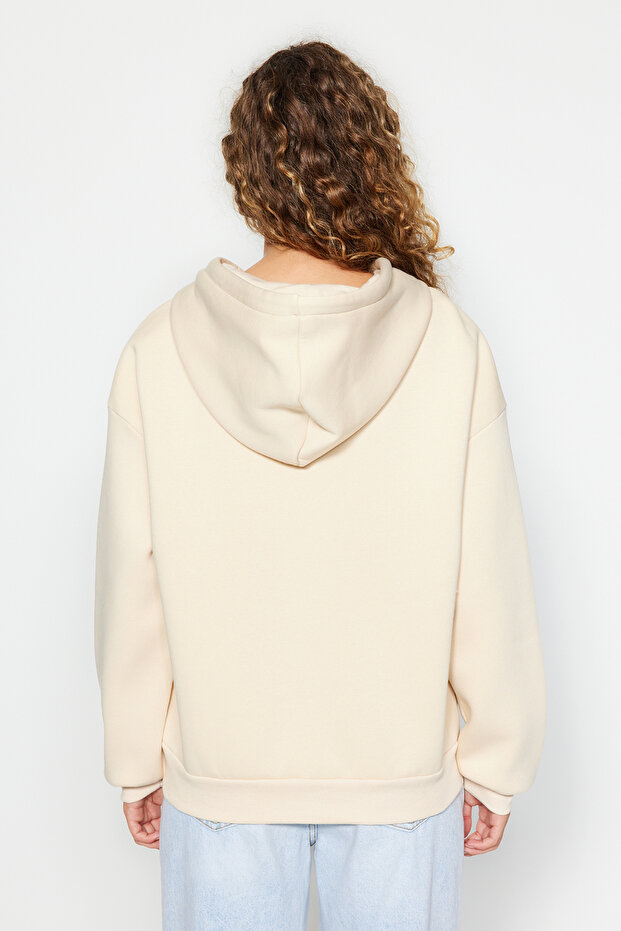 Taş Oversize/Rahat Kesim Basic Kapuşonlu Fermuarlı Kalın İçi Polarlı Örme Sweatshirt TWOAW24SW00188 - 5