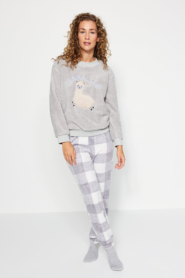 Gri Wellsoft Lama Desenli Kışlık Örme Pijama Takımı THMAW24PT00029 - 3