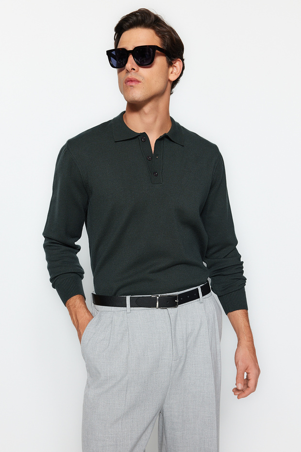 Koyu Yeşil Regular Fit Polo Yaka Basic Triko Kazak TMNAW24KZ00067 - 2