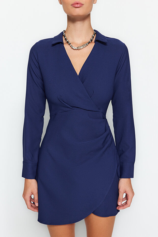 Lacivert Kruvaze Mini Drape Detaylı Dokuma Elbise TWOAW24EL00737 - 4