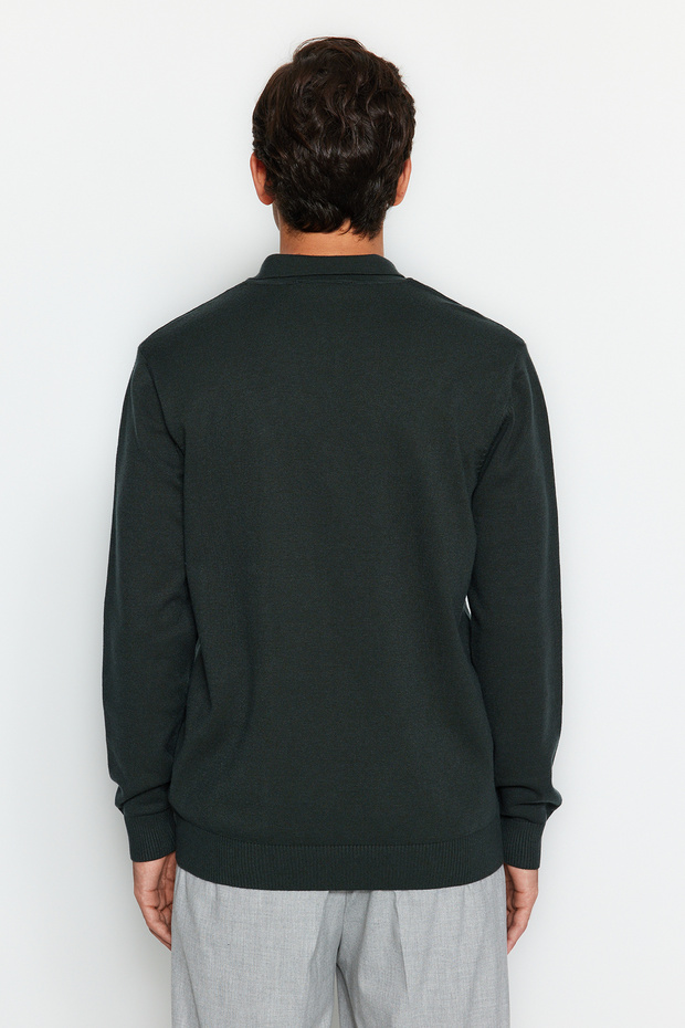 Koyu Yeşil Regular Fit Polo Yaka Basic Triko Kazak TMNAW24KZ00067 - 5