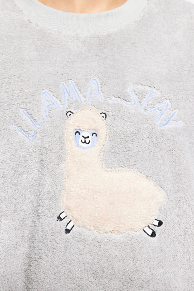 Gri Wellsoft Lama Desenli Kışlık Örme Pijama Takımı THMAW24PT00029 - 7