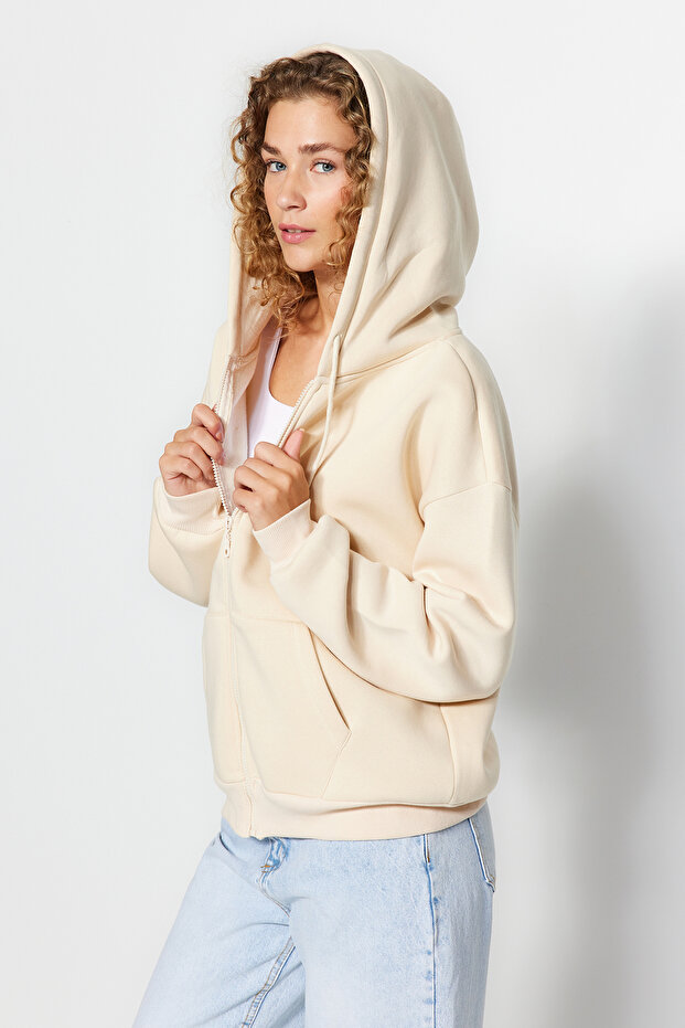 Taş Oversize/Rahat Kesim Basic Kapuşonlu Fermuarlı Kalın İçi Polarlı Örme Sweatshirt TWOAW24SW00188 - 3