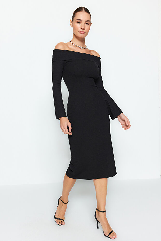 Siyah Fitted/Vücuda Oturan Yumuşak Dokulu Midi Esnek Örme Kalem Madonna Yaka Elbise TWOAW24EL00803 - 3