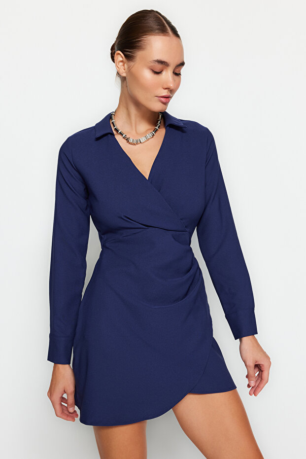 Lacivert Kruvaze Mini Drape Detaylı Dokuma Elbise TWOAW24EL00737 - 2