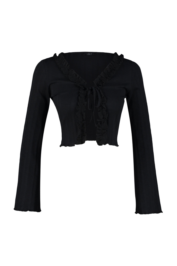 Siyah Fırfır Detaylı Önden Bağlamalı Fitilli Esnek Crop Örme Bluz TWOAW24BZ00109 - 6