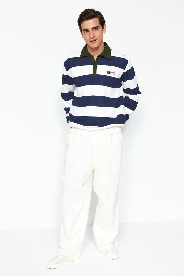 Lacivert Regular/Normal Kesim Polo Yaka Çizgili İçi Polar/Sıcak Tutan Sweatshirt TMNAW24SW00240 - 3