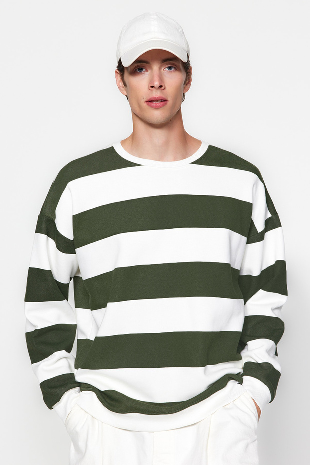 Yeşil Unisex Oversize/Geniş Kesim Çizgili İçi Polar/Sıcak Tutan Pamuk Sweatshirt TMNAW24SW00098 - 4