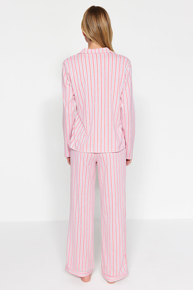 Pembe %100 Pamuklu Çizgili Gömlek-Pantolon Örme Pijama Takımı THMAW24PT00144 - 6