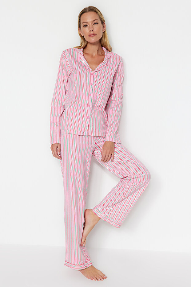 Pembe %100 Pamuklu Çizgili Gömlek-Pantolon Örme Pijama Takımı THMAW24PT00144 - 1