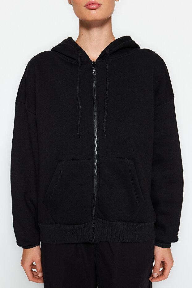 Siyah Oversize/Rahat Kesim Basic Kapuşonlu Kalın İçi Polarlı Örme Sweatshirt TWOAW24SW00188 - 5