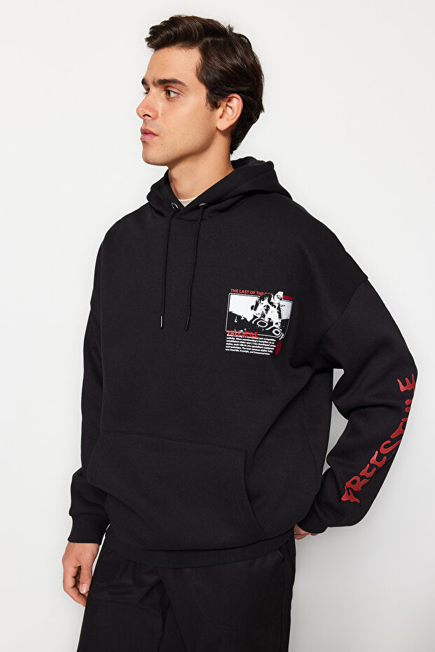 Black Oversize/Wide Cut Hooded Fleece/Warm Sweatshirt Tmnaw24Sw00102
