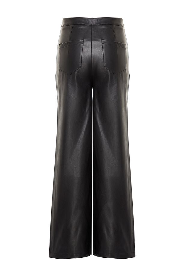 Siyah Suni Deri Wide Leg Cep Detaylı Örme Pantolon TWOAW24PL00103 - 8