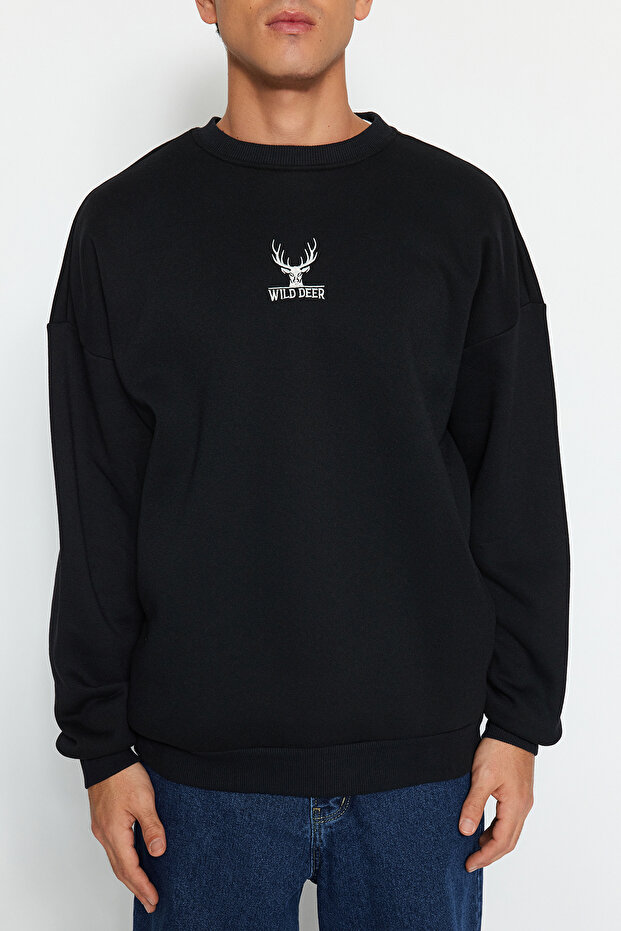 Siyah Oversize/Geniş Kesim Uzun Kol Hayvan Nakışlı Sweatshirt TMNAW24SW00169 - 4