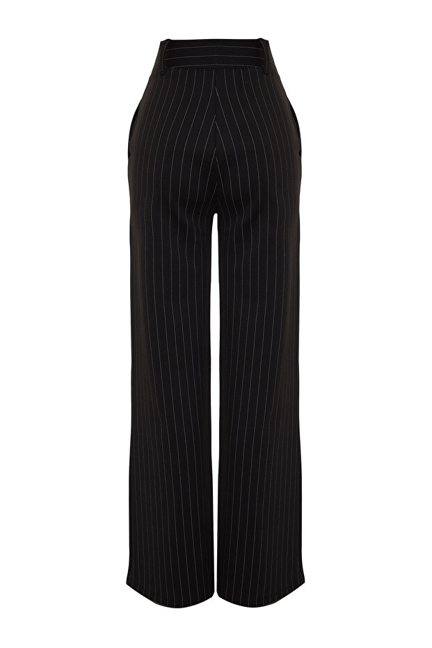 Siyah Çizgili Straight Fit Yüksek Bel Örme Pantolon TWOAW24PL00222 - 7