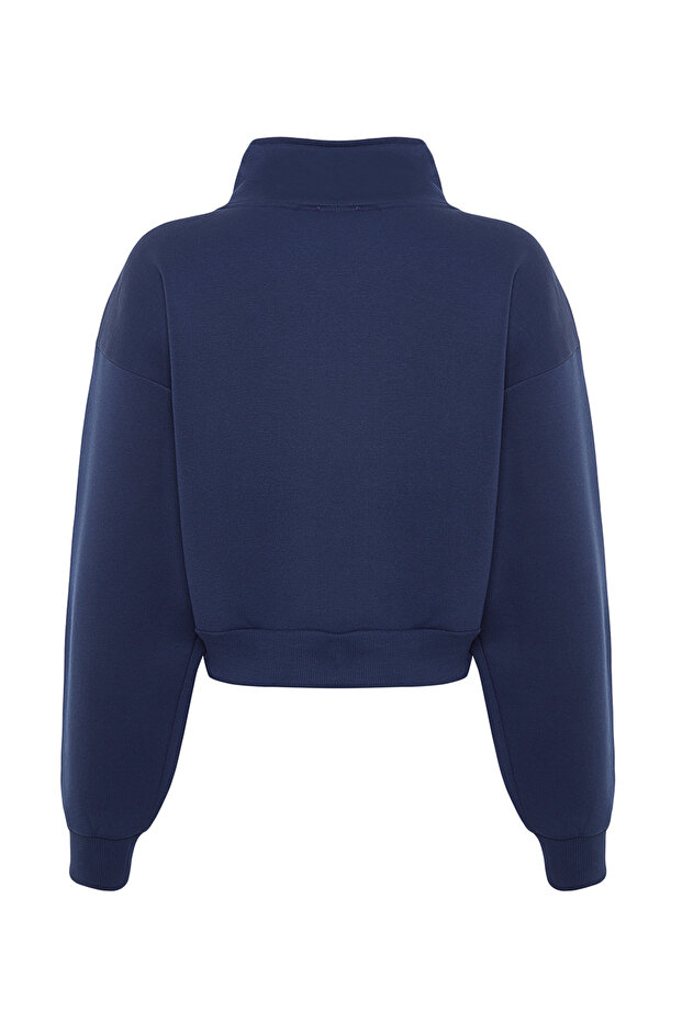 Lacivert Rahat Kesim Crop Basic Fermuarlı Dik Yaka Kalın İçi Polarlı Örme Sweatshirt TWOAW24SW00221 - 8