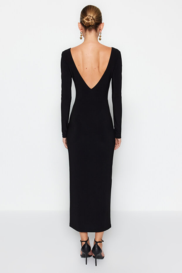 Siyah Kayık Yaka Sırt Dekolteli Yırtmaçlı Fitted/Vücuda Oturan Maxi Esnek Örme Elbise TWOAW24EL00824 - 6
