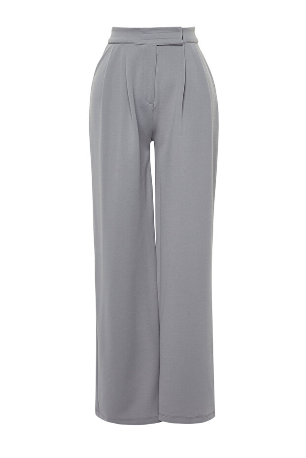 Yunus Gri Cırt Cırt Kapamalı Yüksek Bel Pileli Wide Leg/Geniş Kesim Örme Pantolon TWOAW24PL00177 - 6