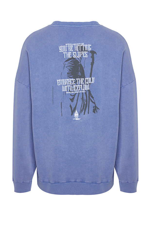 Lila Unisex Oversize/Geniş Kesim %100 Pamuk Eskitme/Soluk Efektli Mistik Sweatshirt TMNAW24SW00189 - 9