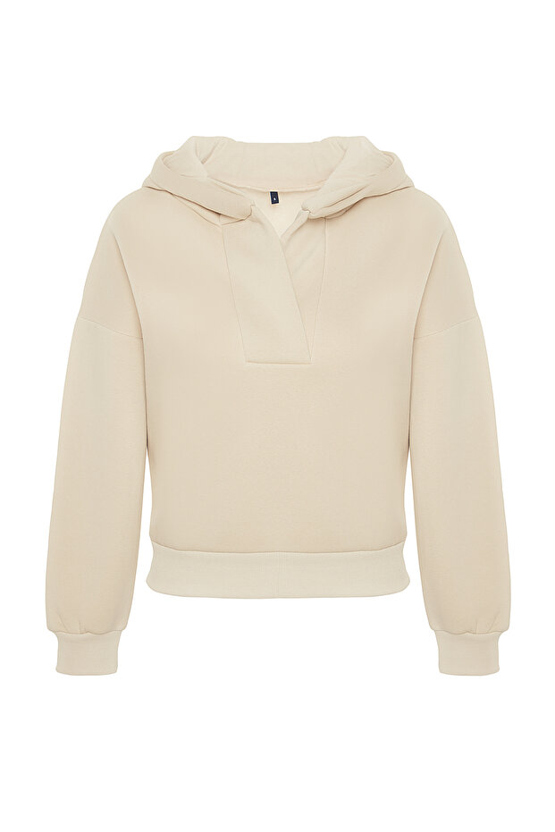 Taş Kalın İçi Polarlı Kapüşonlu Rahat Kesim Crop Örme Sweatshirt TWOAW24SW00065 - 6
