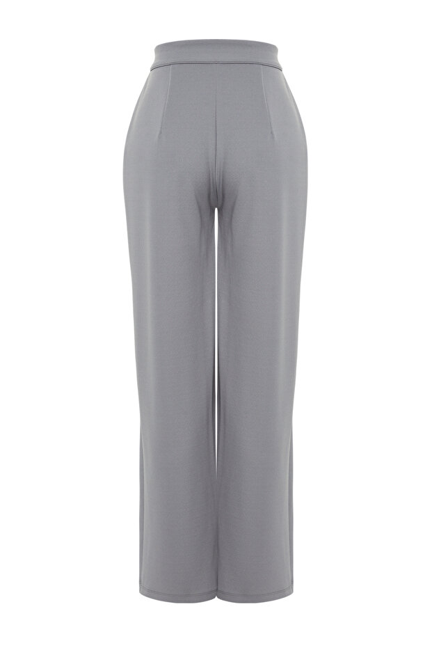 Yunus Gri Cırt Cırt Kapamalı Yüksek Bel Pileli Wide Leg/Geniş Kesim Örme Pantolon TWOAW24PL00177 - 8