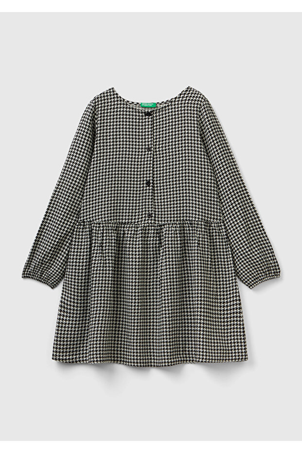 Girl's Black Buttoned All Micro Patterned Flounce Dress