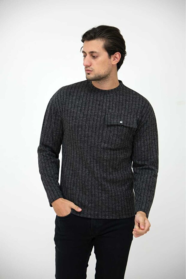 Jacquard Long Sleeve Pocket Crew Neck T-shirt Sweatshirt