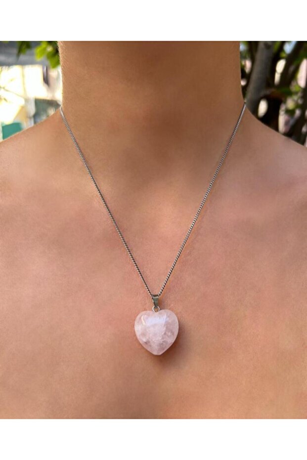 Curved Heart Model Pink Quartz Natural Stone Necklace
