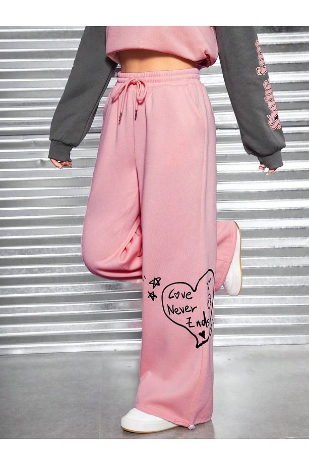Heart and Graphic Drawstring Waist Wide Leg 4 Mevsim Eşofman - 2