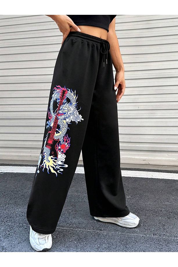 Coolane Dragon & Guitar Print Drawstring Waist 4 Mevsim Eşofman - 1