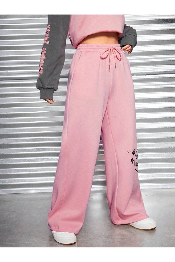 Heart and Graphic Drawstring Waist Wide Leg 4 Mevsim Eşofman - 4
