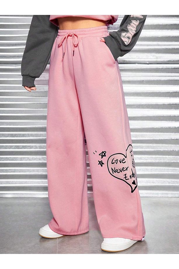 Heart and Graphic Drawstring Waist Wide Leg 4 Mevsim Eşofman - 1