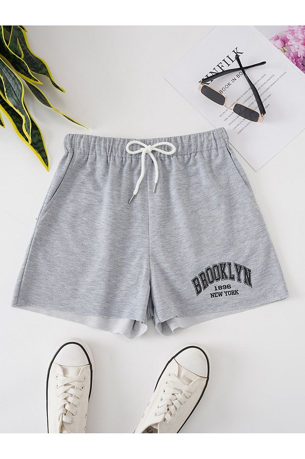 Letter Graphic Drawstring Waist Şort - 1
