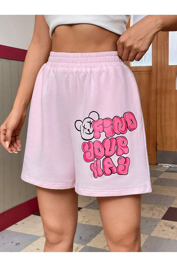 Qutie Slogan & Cartoon Graphic Slant Pocket Track Şort - 6