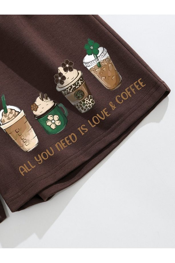 Beverage & Slogan Graphic Drawstring Waist Şort - 5