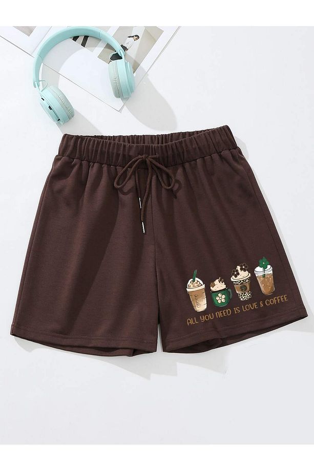 Beverage & Slogan Graphic Drawstring Waist Şort - 1