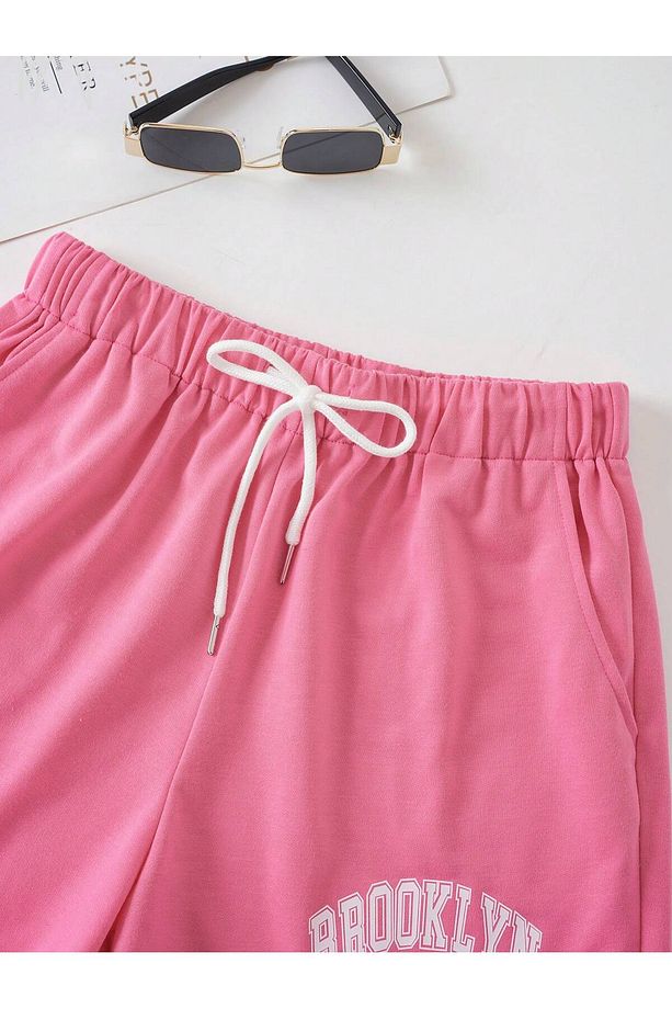 Letter Graphic Drawstring Waist Şort - 3