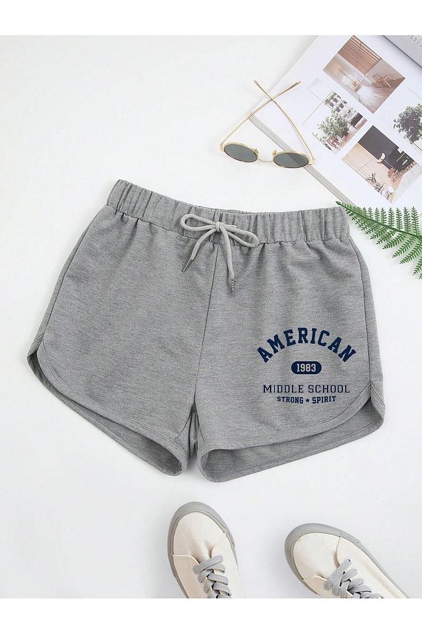 Letter Graphic Drawstring Waist Track Şort - 1