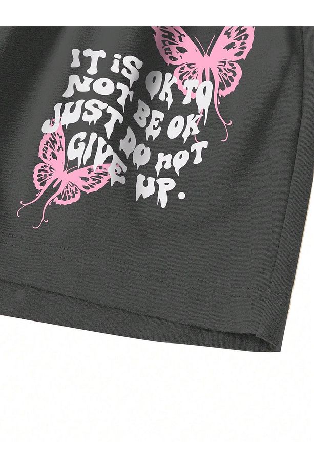 Slogan & Butterfly Print Tie Waist Şort - 5