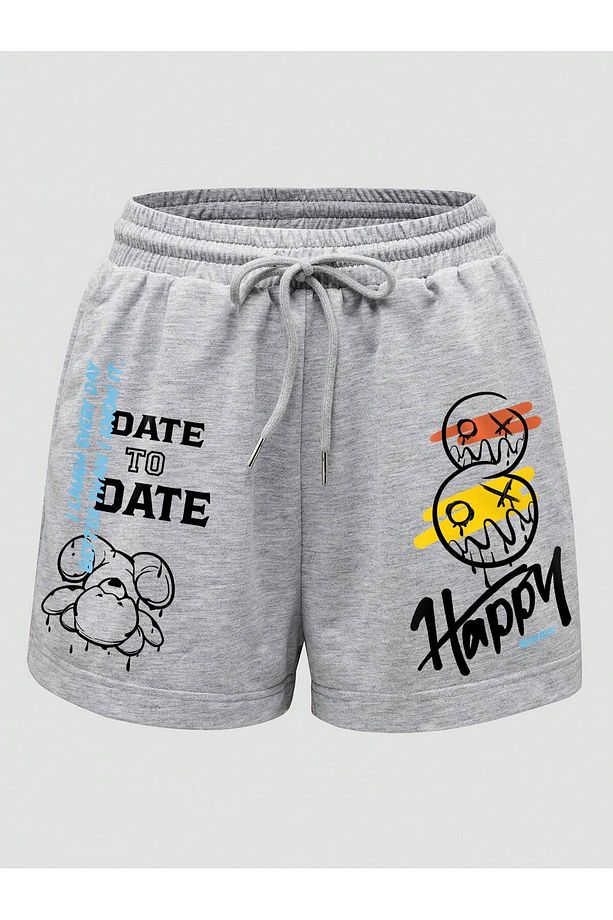Cartoon & Letter Graphic Drawstring Waist Şort - 1