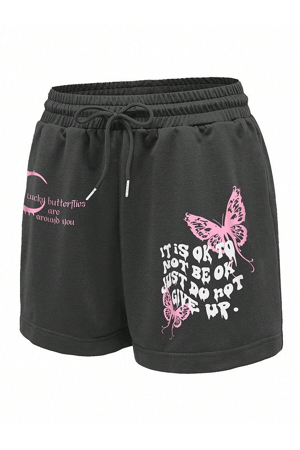 Slogan & Butterfly Print Tie Waist Şort - 4