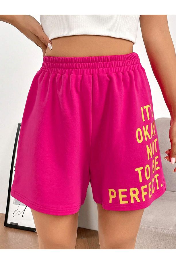 Slogan Graphic Elastic Waist Şort - 4