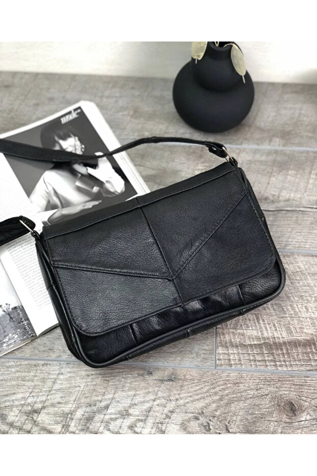 Genuine Leather Medium Size Black Cross Strap Women's Shoulder Bag