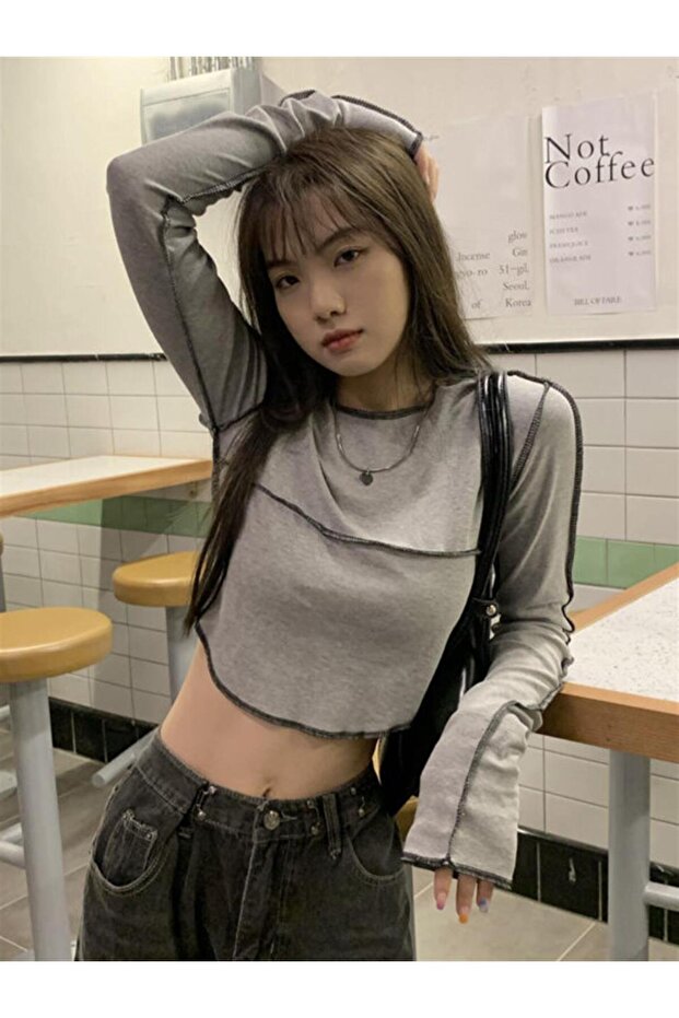 Y2K Grey Crop Top - Long Sleeve Streetwear with Reverse Stitching Detail