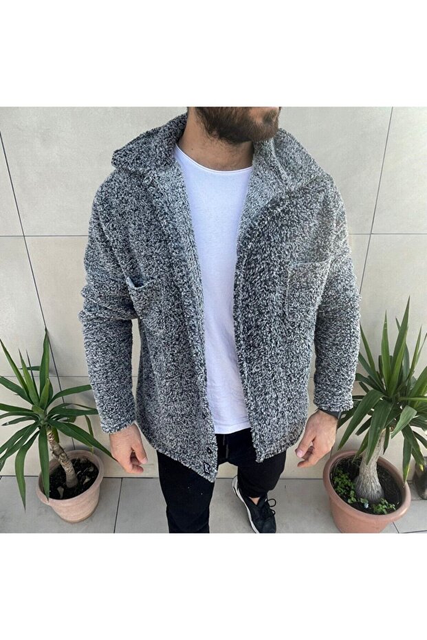 Black Plush Buttoned Jacket - 2