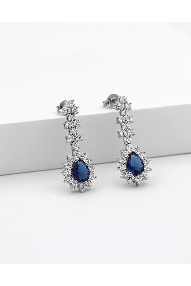 Serpme Taşlı Pırlanta Modeli Damla Safir Takı Seti - 6