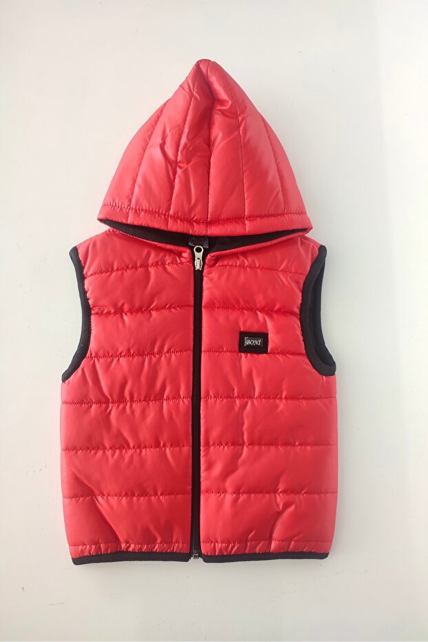 Boni red color train track quilted hooded inside lined zippered children's inflatable vest